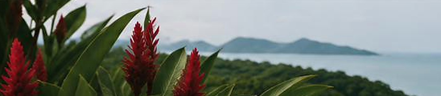 Red ginger flowers in front of the Far North Queensland coastline