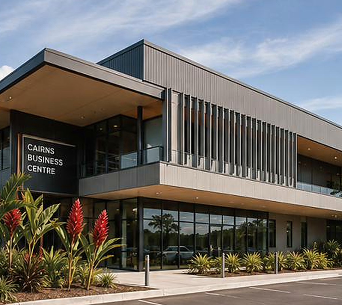 Two-storey commercial building with tropical planting in Far North Queensland