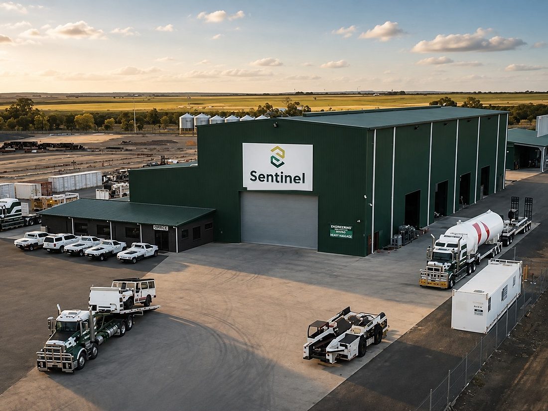 Industrial workshop bays with heavy haulage vehicle on concrete hardstand