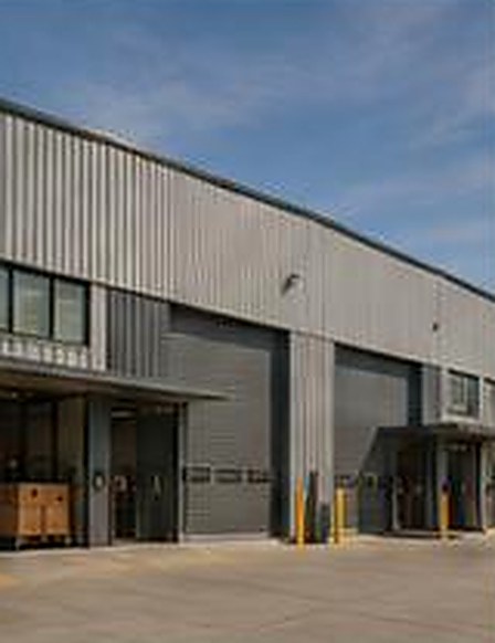 Industrial warehouse with roller doors and concrete hardstand